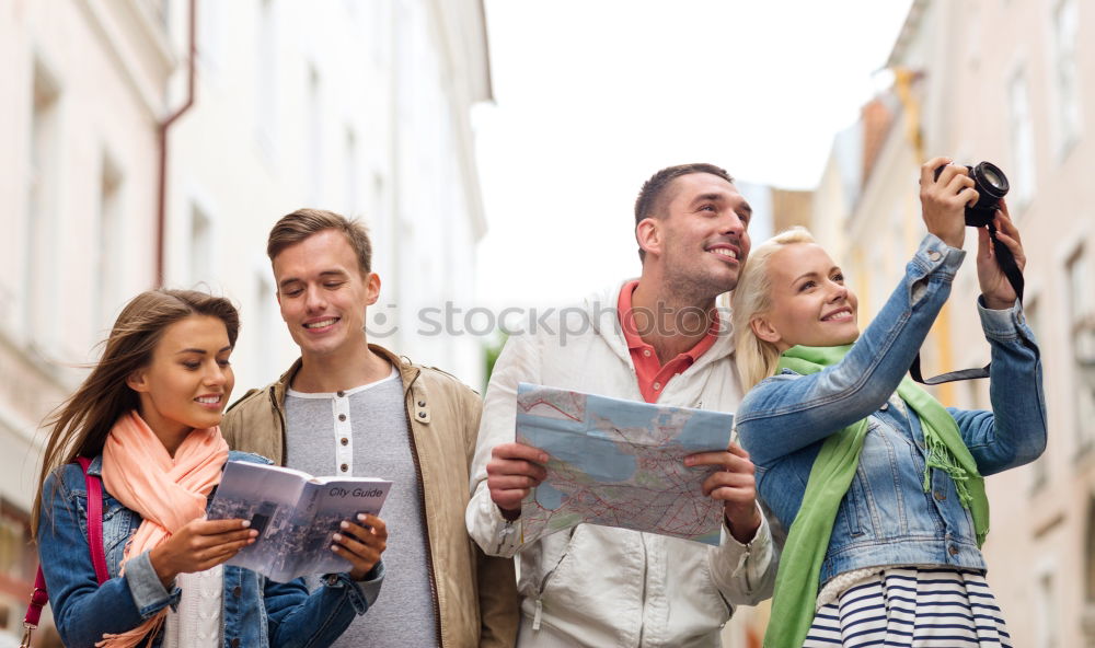 Similar – Multiracial group of three friends having a coffee together