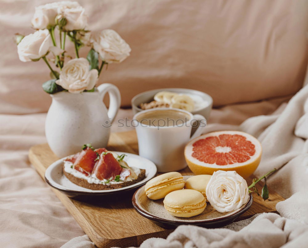 Similar – Image, Stock Photo Flatlay of wooden tray with cup of coffee, peaches, creamer