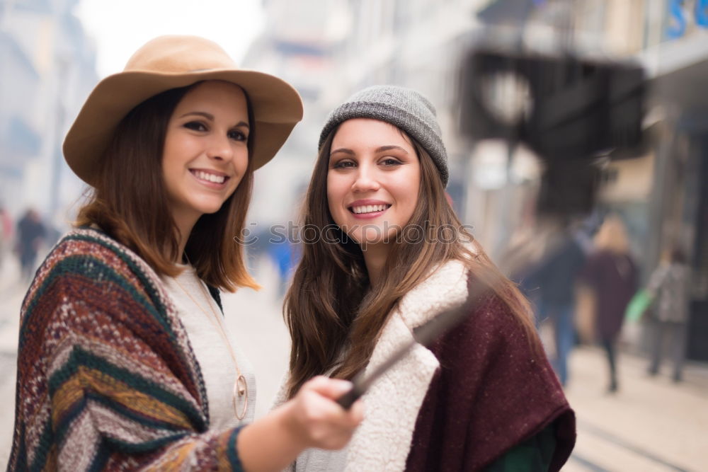 Similar – Image, Stock Photo Two girls sitting on the bench and smile