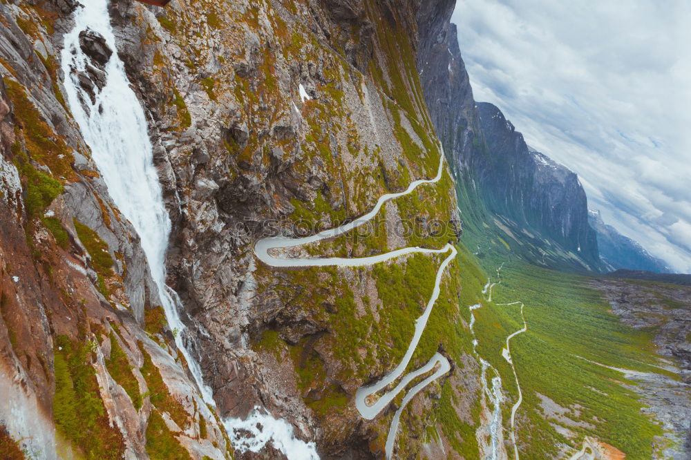 Similar – Image, Stock Photo Curvy road in mountains, Trollstigen, Norway