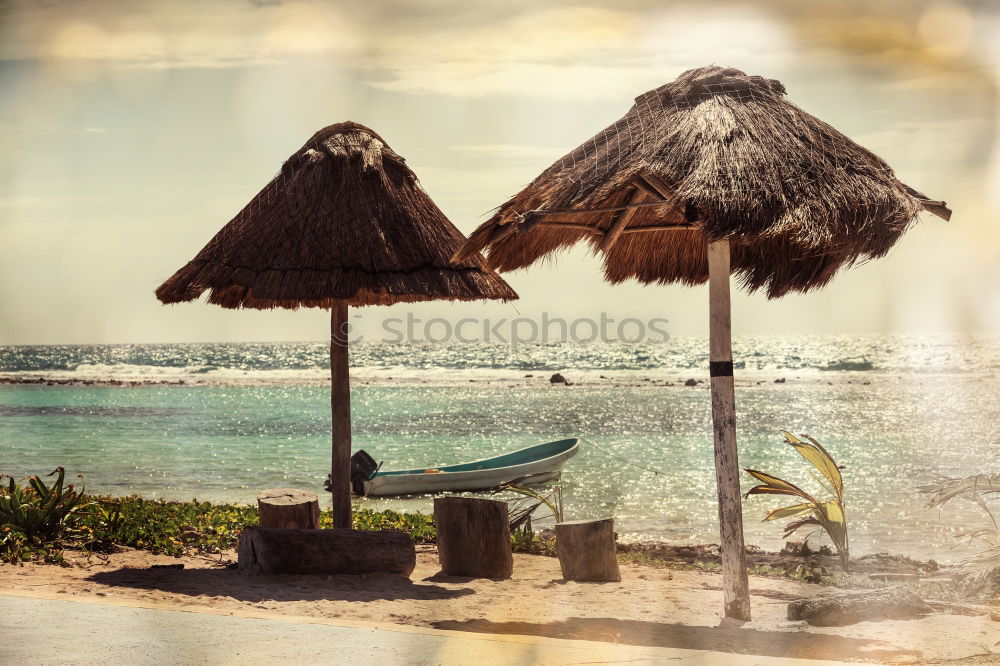 Similar – Image, Stock Photo Wooden umbrellas in a beach at sunset