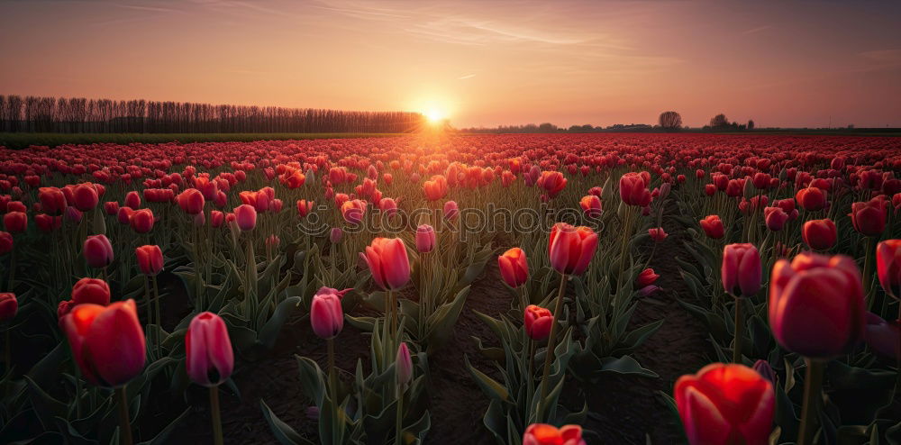 Similar – sunshine over pink tulip field, Netherlands