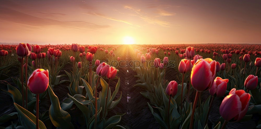 Similar – sunshine over pink tulip field, Netherlands