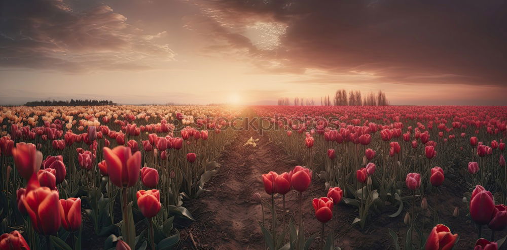 Similar – sunshine over pink tulip field, Netherlands