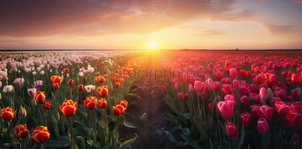 Similar – sunshine over pink tulip field, Netherlands