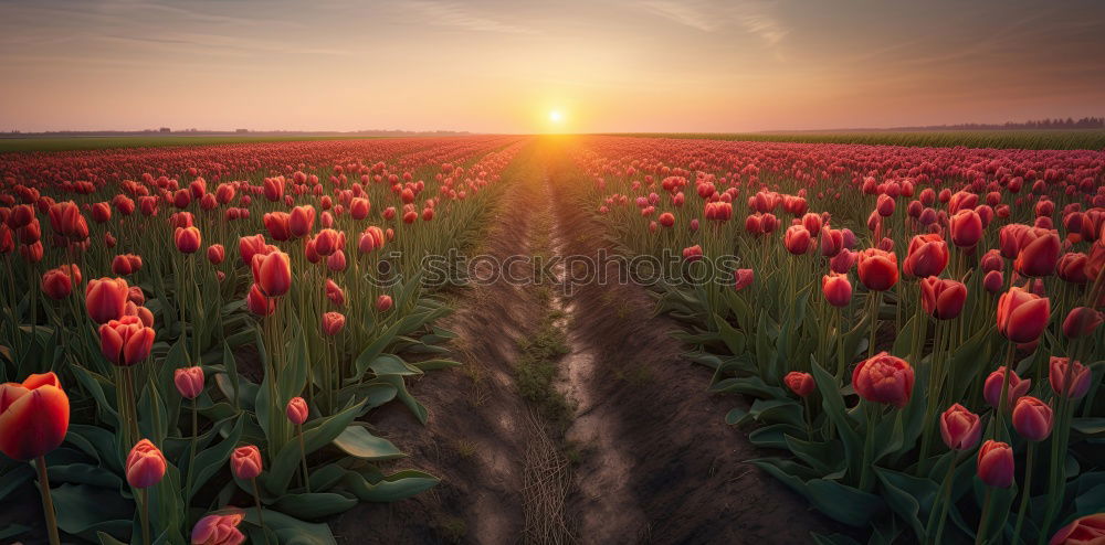 Similar – sunshine over pink tulip field, Netherlands