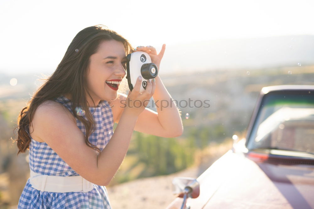 Similar – Image, Stock Photo happy child girl looking out the car window