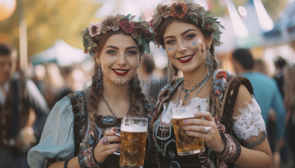 Foto Bild Freundinnen in traditioneller bayerischer Kleidung Dirndl oder Tracht mit Schenk mir dein Herz, Du bist die beste auf Lebkuchenherz auf dem Oktoberfest geschrieben