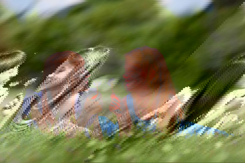 Image, Stock Photo happy siblings sitting in the field