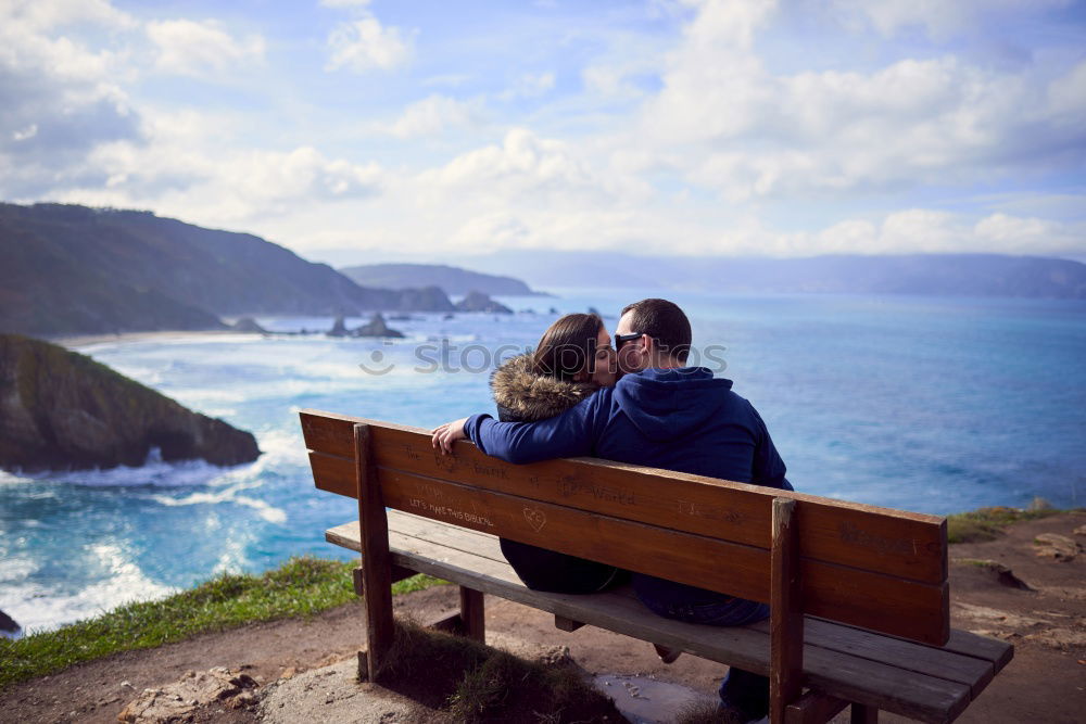 Image, Stock Photo A couple kissing in “the best bench in the world”