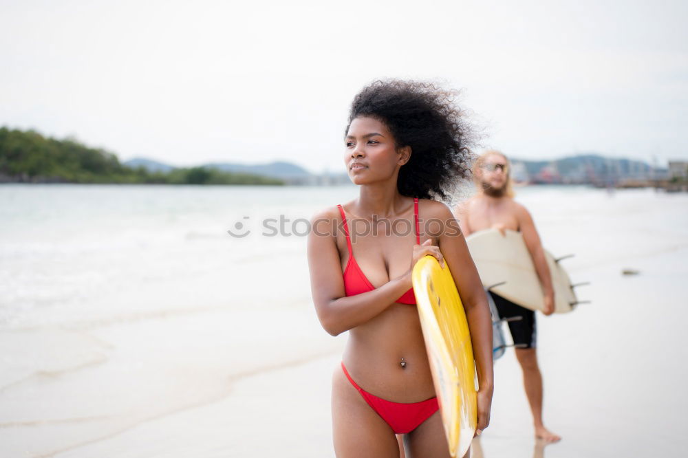 Image, Stock Photo Beautiful young woman wearing a bikini in a wooden foot bridge at the beach