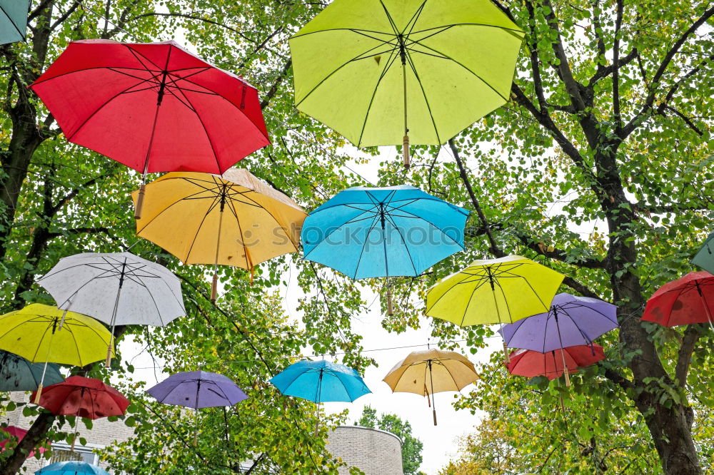 Similar – Rain on umbrella in rainbow colors under heavy rain against background of cloudy sky. Rainy weather concept.