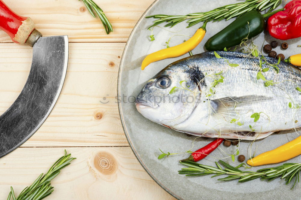 Similar – Image, Stock Photo Raw salmon fish in ice and vegetables
