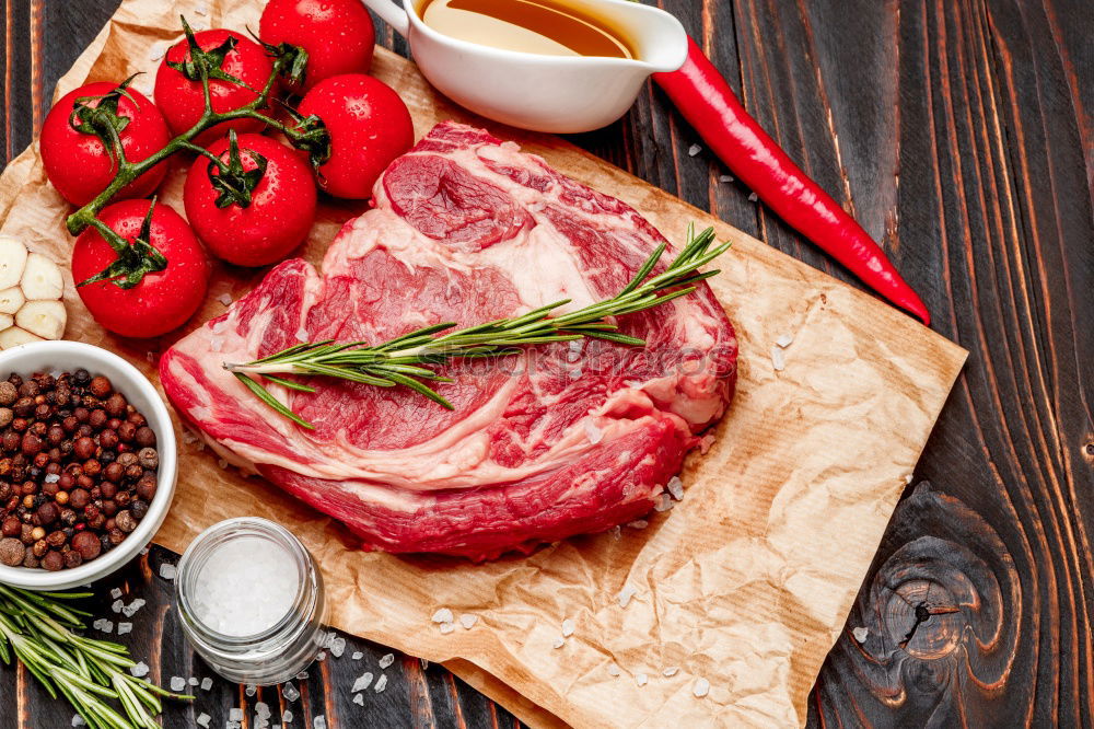 Similar – Image, Stock Photo Beef, vegetable ingredients, kitchen knife and saucepan