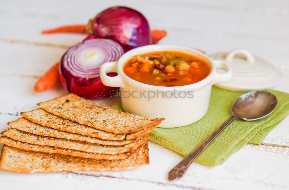 Similar – Image, Stock Photo Chili Beans Stew, Bread, Red Chili Pepper And Garlic