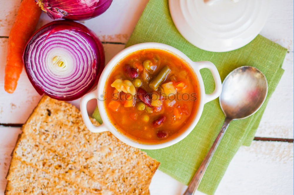 Similar – Image, Stock Photo Chili Beans Stew, Bread, Red Chili Pepper And Garlic