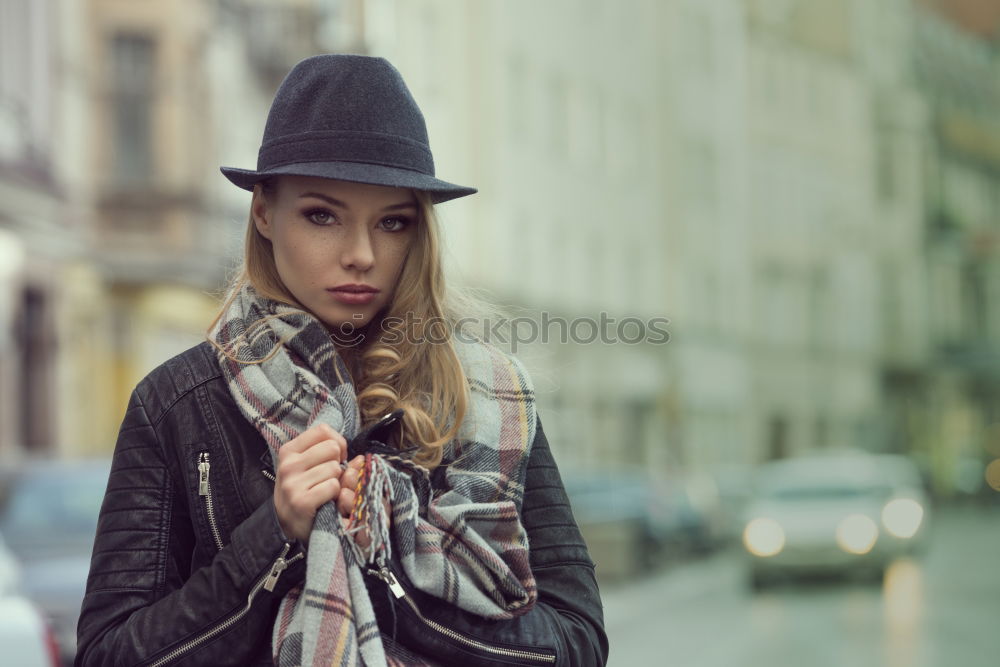 Similar – Beautiful young girl wearing beret standing in the street.