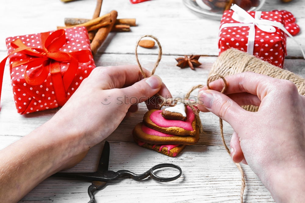 Similar – Image, Stock Photo Girl making Christmas ball pinning the sequins onto the ball