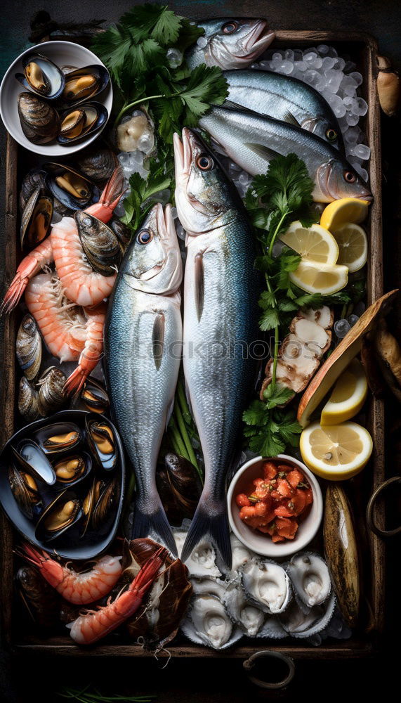 Similar – Raw fish on white paper with ingredients for cooking