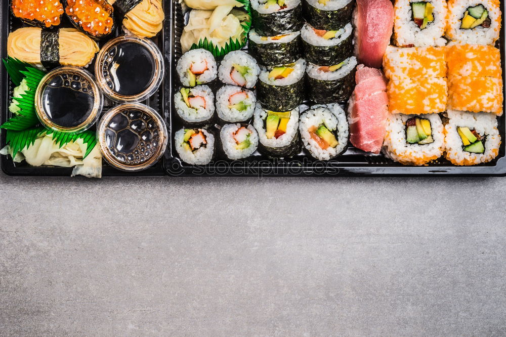 Similar – Image, Stock Photo Sushi menu with summer rolls and miso soup