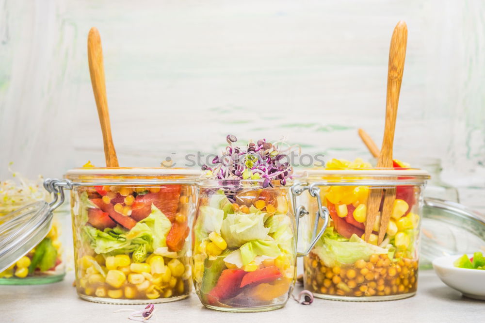 Similar – Salads in jars with vegetables, lentils, corn and sprouts