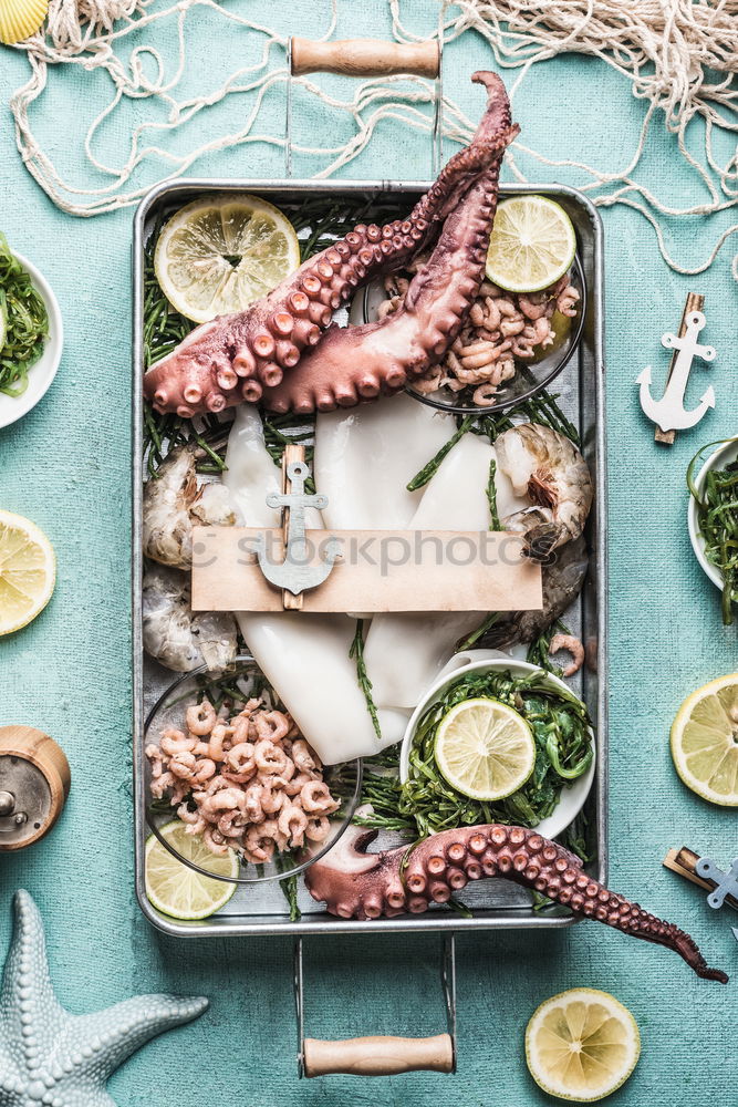 Various seafood on a blue background