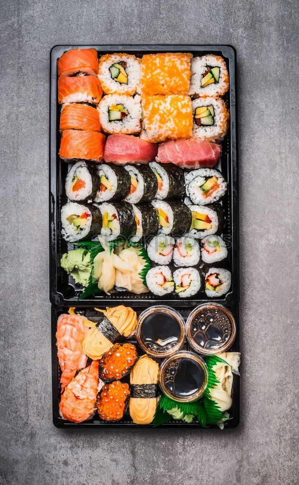 Similar – Asian menu with sushi, rice paper summer rolls and miso soup