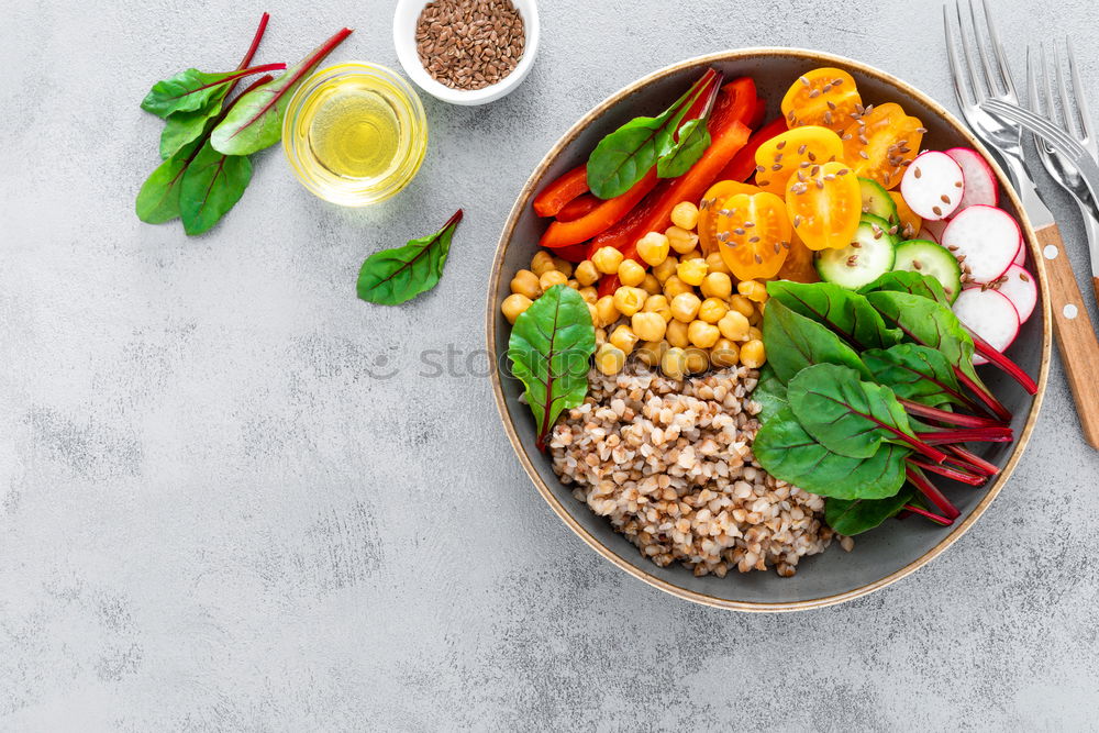 Similar – Image, Stock Photo Vegan Buddha bowl with fresh raw vegetables and quinoa