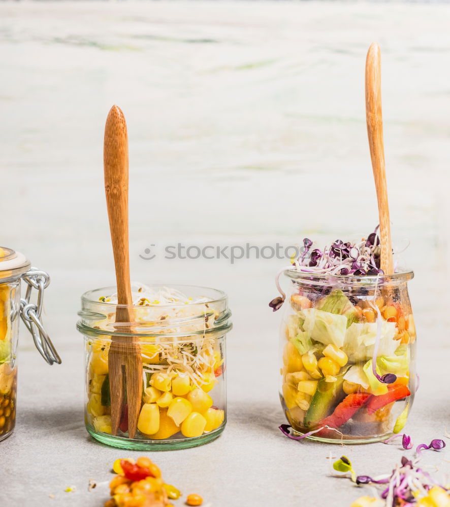 Similar – Salads in jars with vegetables, lentils, corn and sprouts