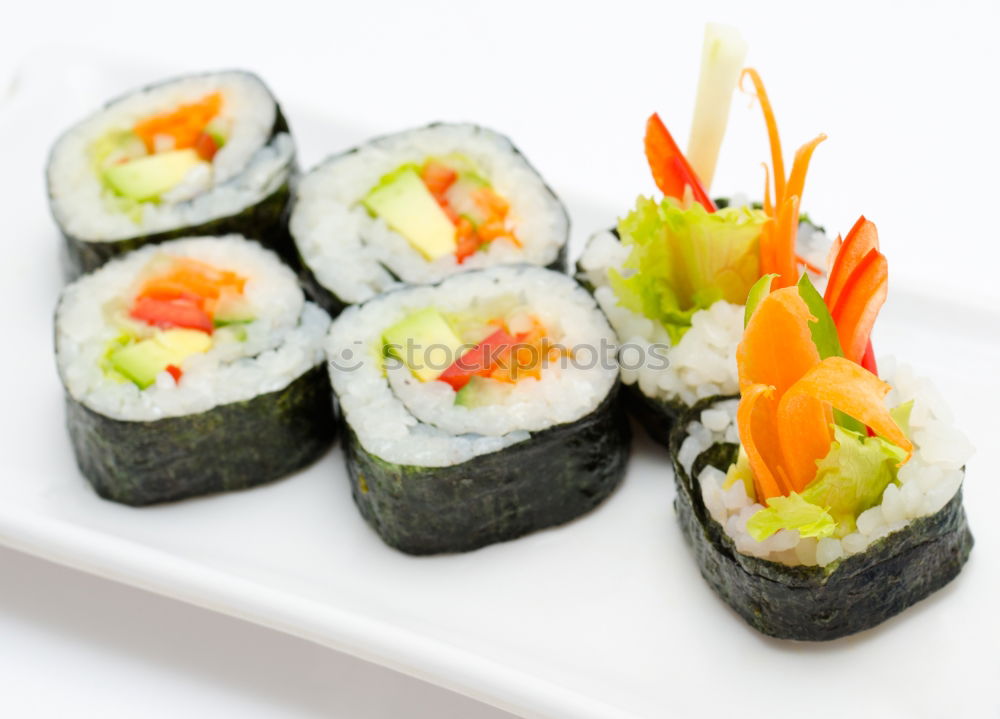 Similar – sushi assortment in white plate and soya sauce