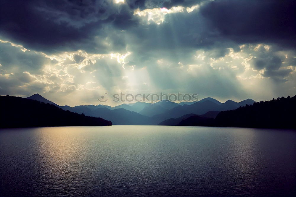 Image, Stock Photo Green mountains in sunlight and lake