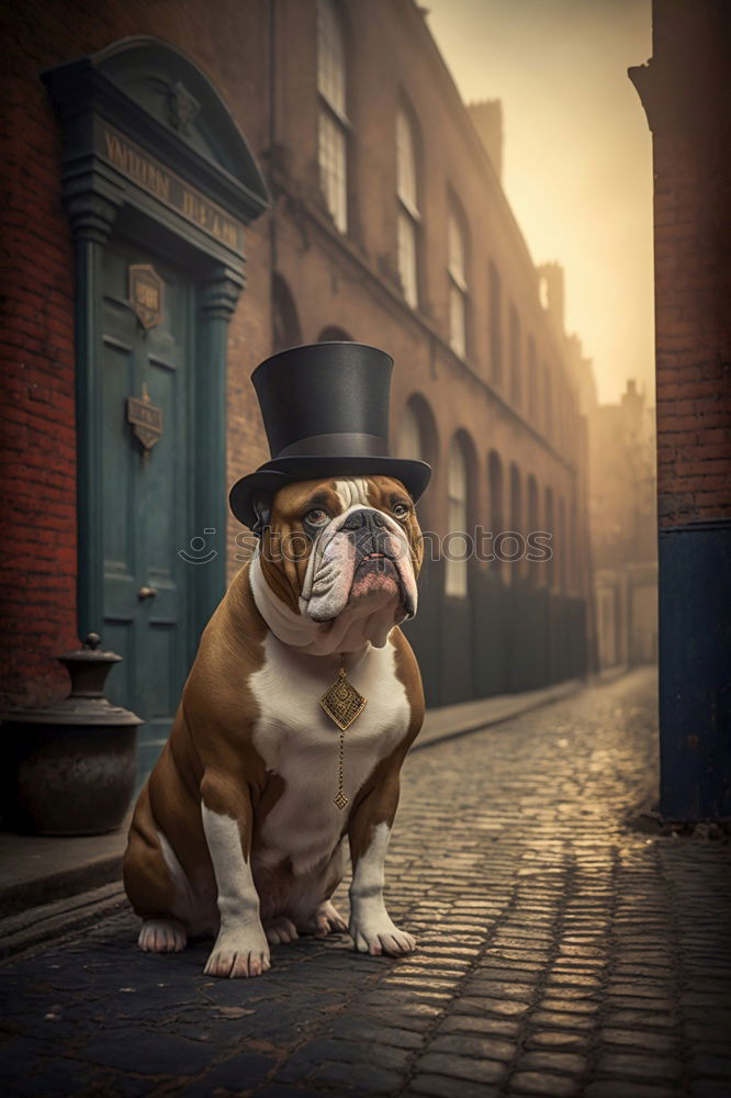 Similar – Handsome elegant young fashion man in trendy costume suit with a dog, old wooden door background