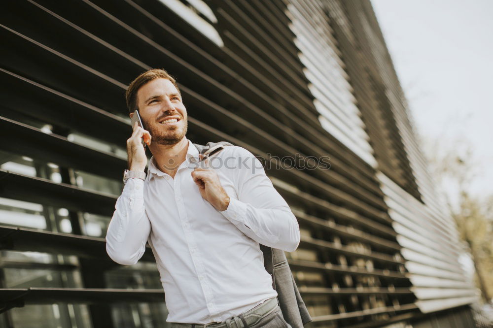 Similar – Image, Stock Photo Young bearded man on blinds with arms crossed