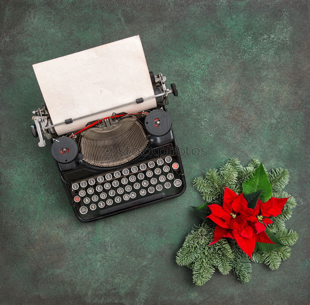 Image, Stock Photo workplace with a typewriter and spruce branches on wooden table