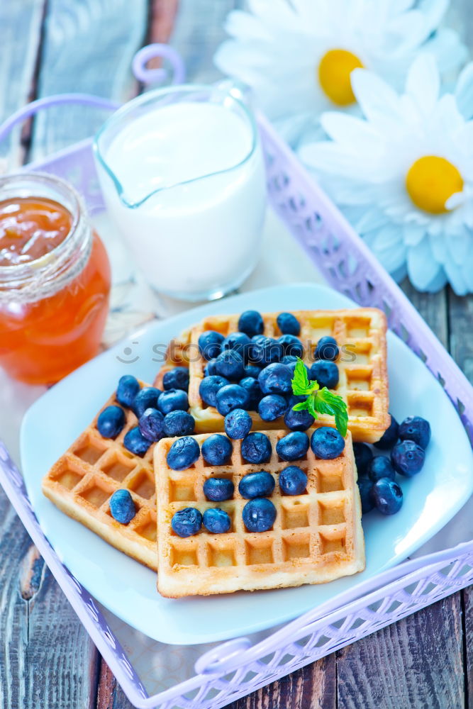 Similar – Image, Stock Photo Waffles, brownie and smoothie with red berries.