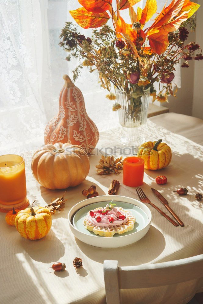 Similar – Image, Stock Photo Autumn table setting with blue plate, pumpkins and decoration at kitchen table