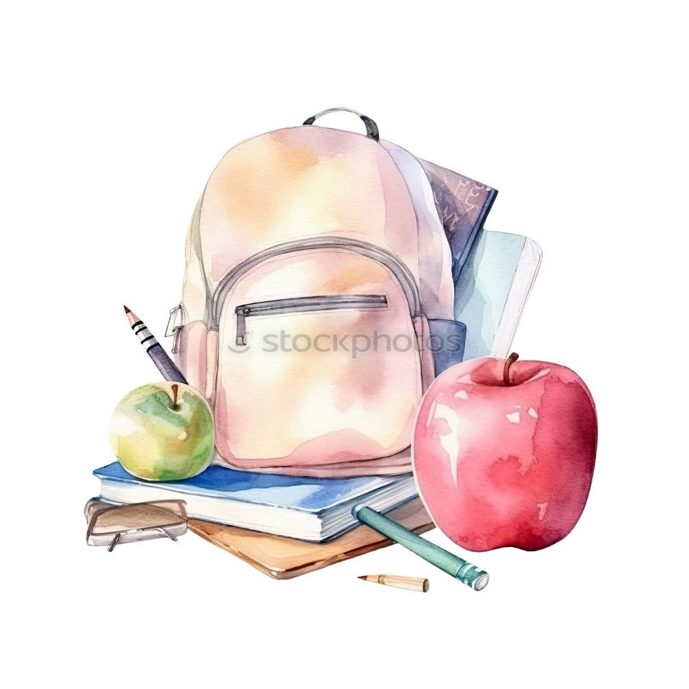 Image, Stock Photo Backpack and school supplies: magnifying glass, notepad