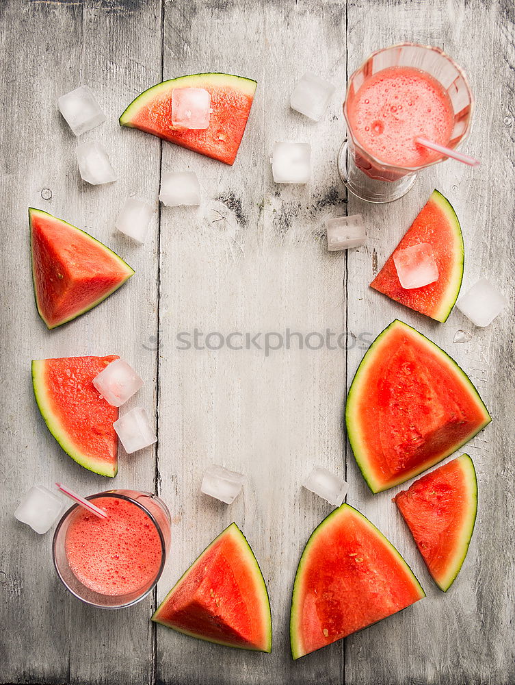 glasses with watermelon juice and ice cubes