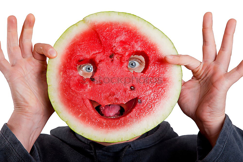 Similar – Not so young woman finally biting in watermelon