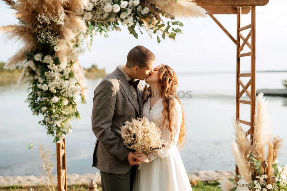 Similar – Image, Stock Photo Crop bride with bouquet embracing groom