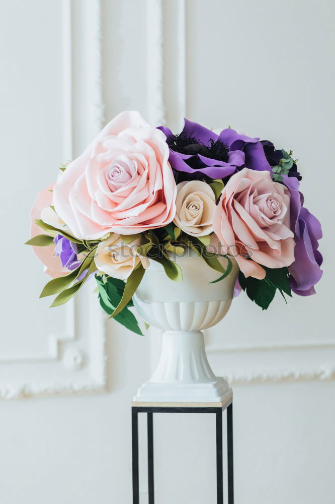 Image, Stock Photo Glass vase with colorful flowers on table