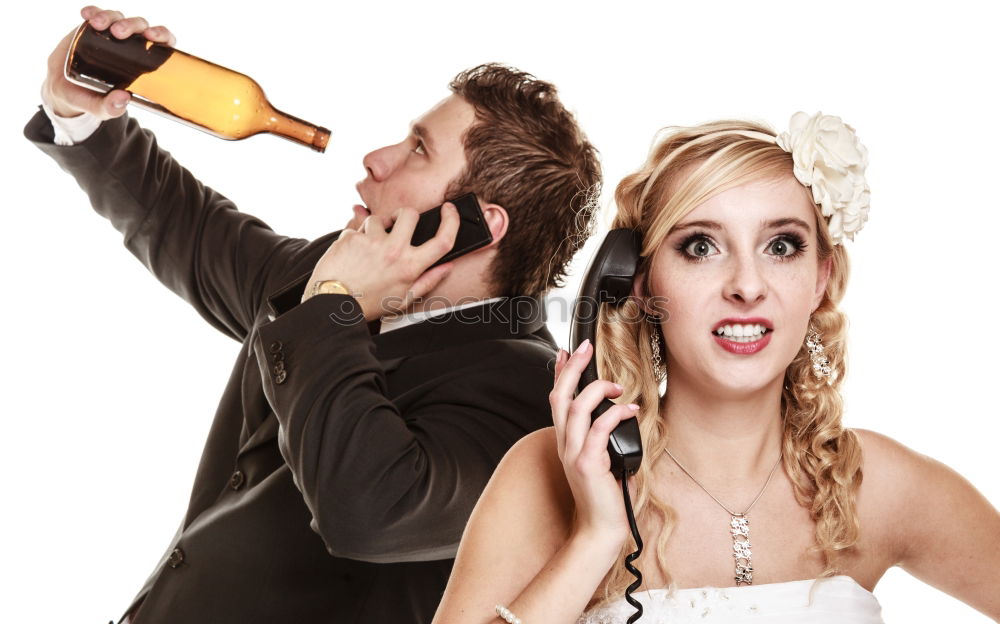 Similar – Image, Stock Photo Elegant young woman in a white dress drinking white wine at a function and smiling up at her male partner