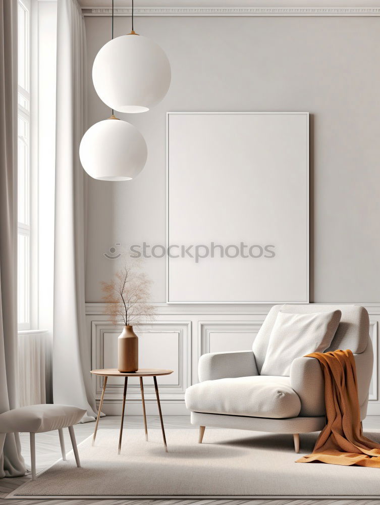 Similar – Stilvolle minimalistische Einrichtung des Wohnzimmers in Grau. Sofa mit Plaid, Stehlampe, beige Teppich und Mockup weißen Rahmen an der Wand