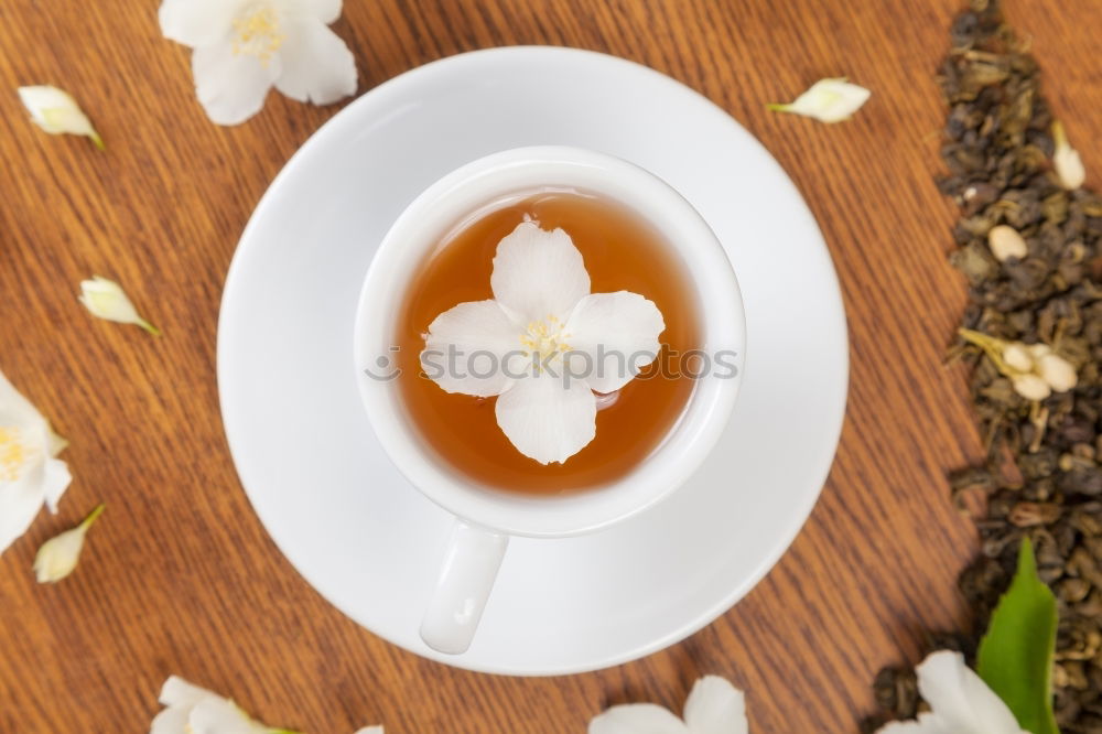 Similar – Black tea in a white cup and saucer and jasmine flowers