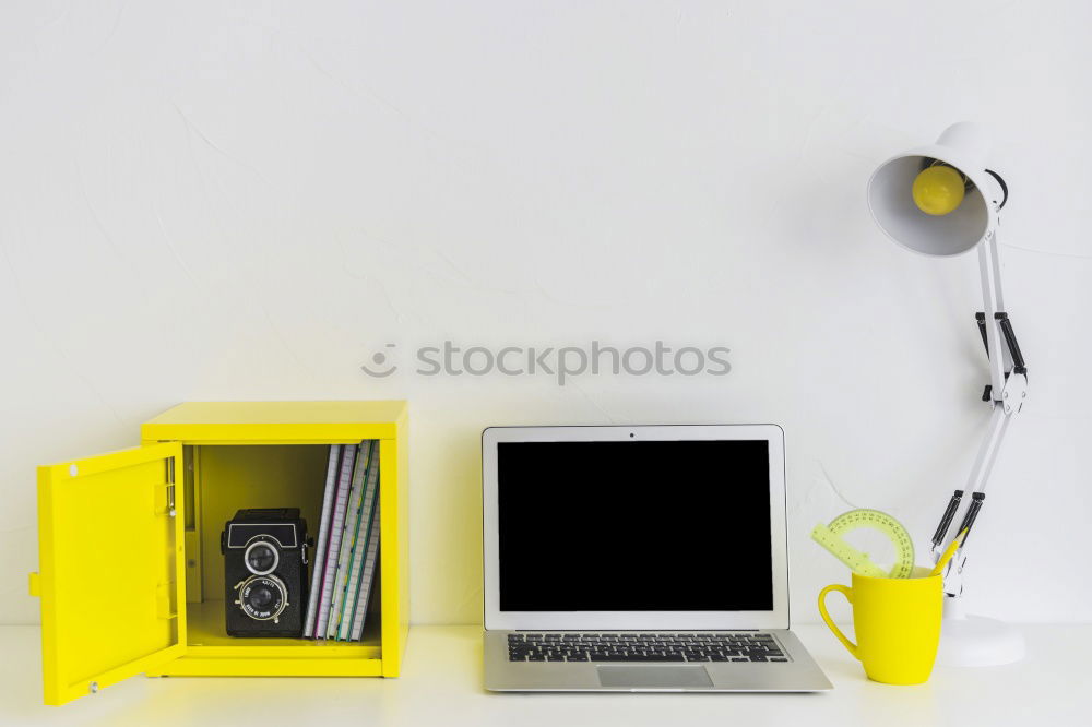 Similar – office wooden desk with pc keyboard and other supplies