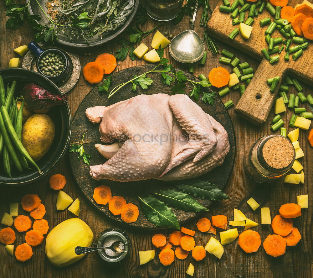 Whole chicken with cooking ingredients