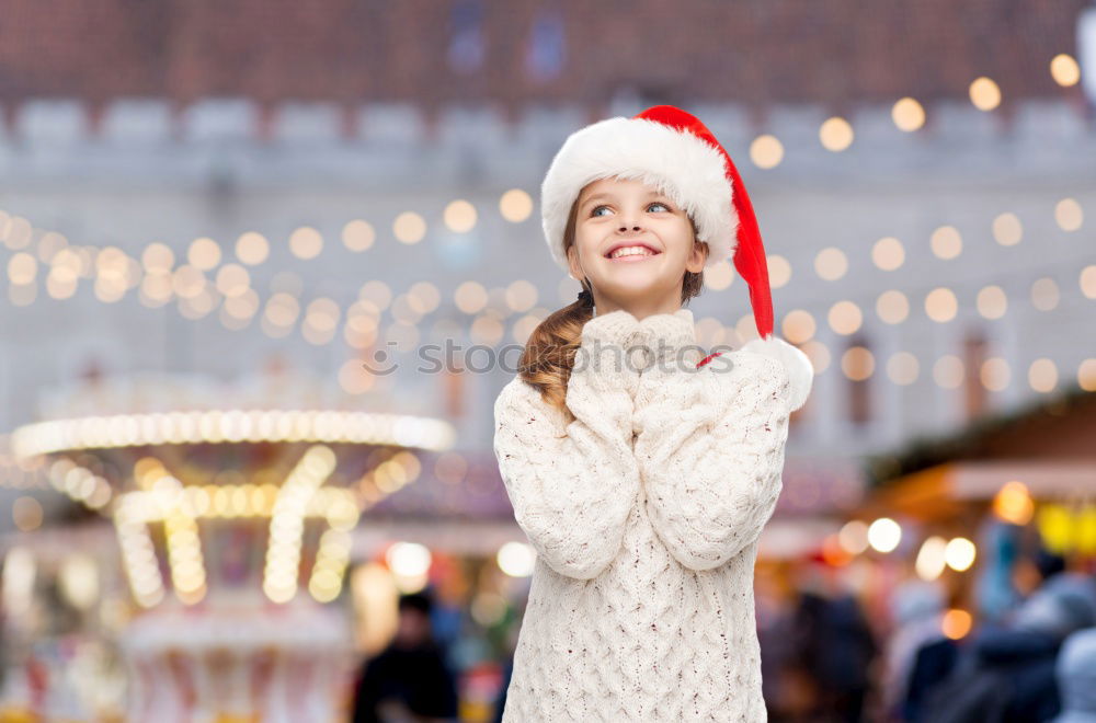 Image, Stock Photo young happy girl eating caramel apple, walking at christmas city