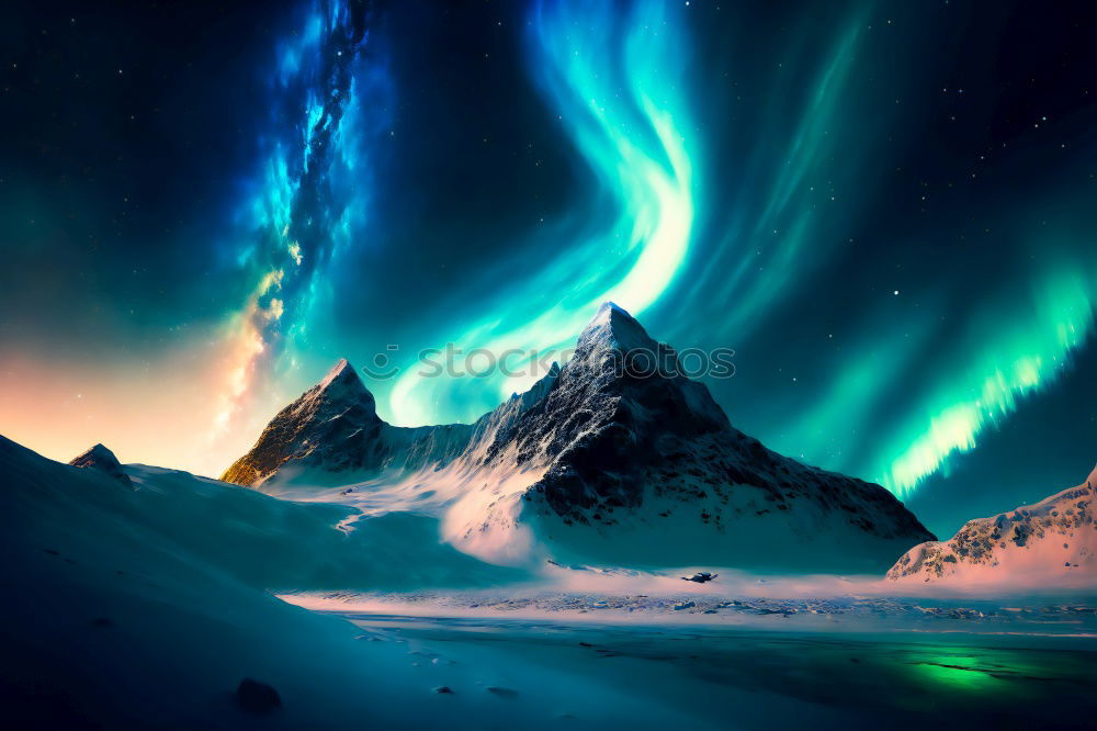 Similar – Norwegian mountain panorama with northern lights