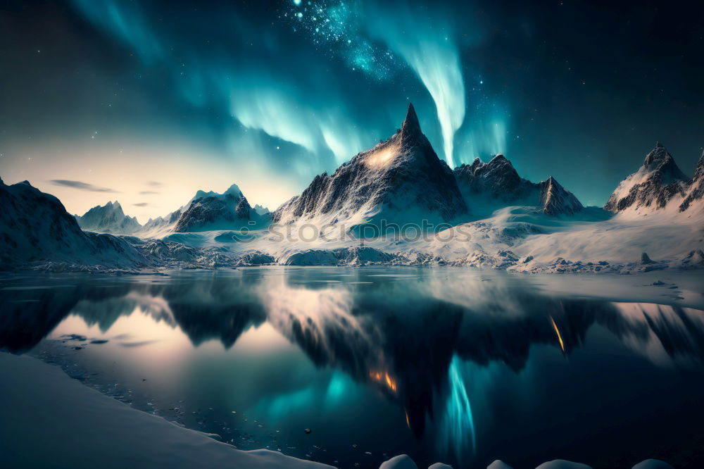 Similar – Norwegian mountain panorama with northern lights