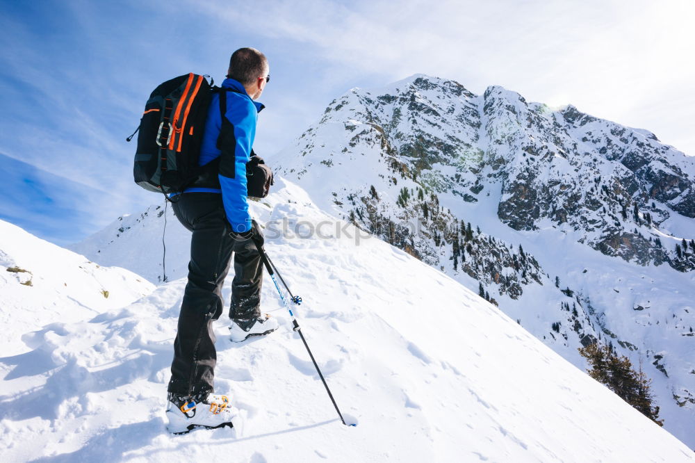 Similar – Image, Stock Photo Hiker observing a high mountain panorama. Mount Blanc, Italy